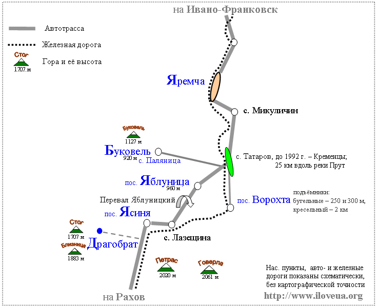 карта схема Буковель, Ворохта, Драгобрат, высота горы Буковель